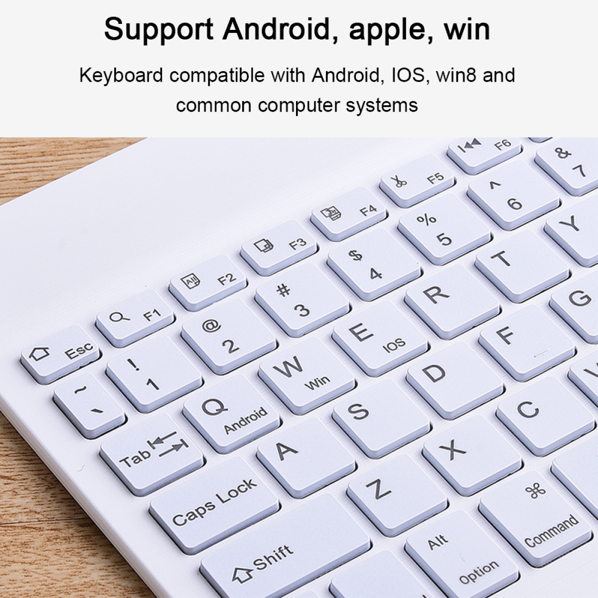 Nahaufnahme einer weißen Tastatur mit Tasten, die Buchstaben und Symbole zeigen.