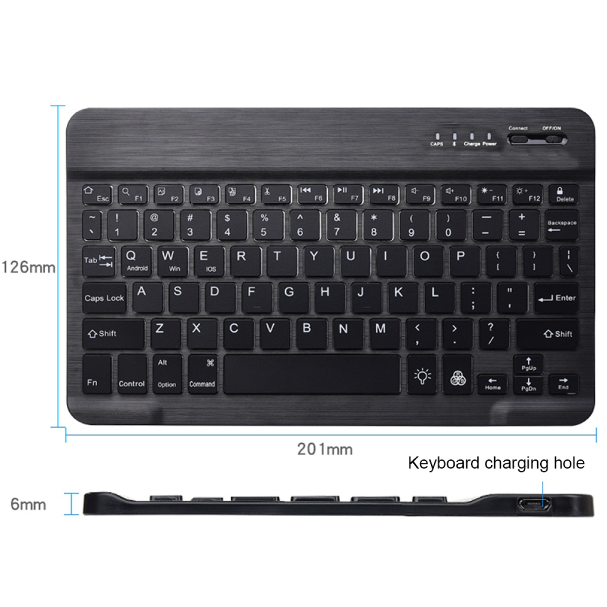 Schwarze Tastatur mit Abmessungen und Beschriftungen. Ladeanschluss sichtbar. Weißer Hintergrund.