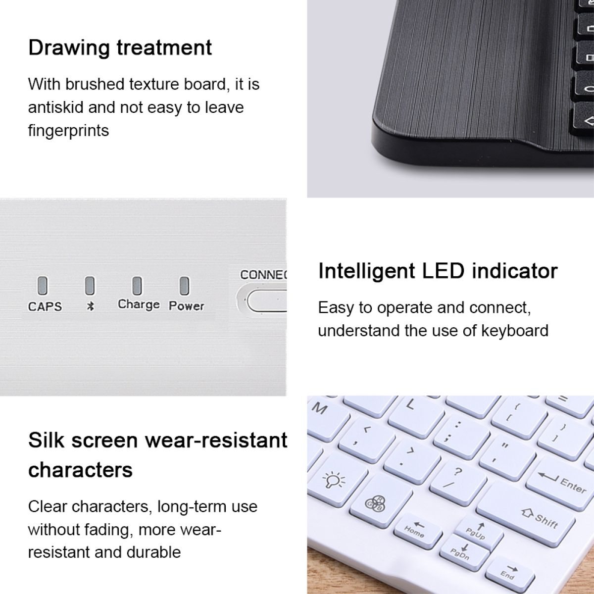 Nahaufnahmen einer weißen Tastatur, die Merkmale detailliert: gebürstete Textur, LED-Anzeige und abriebfeste Zeichen.