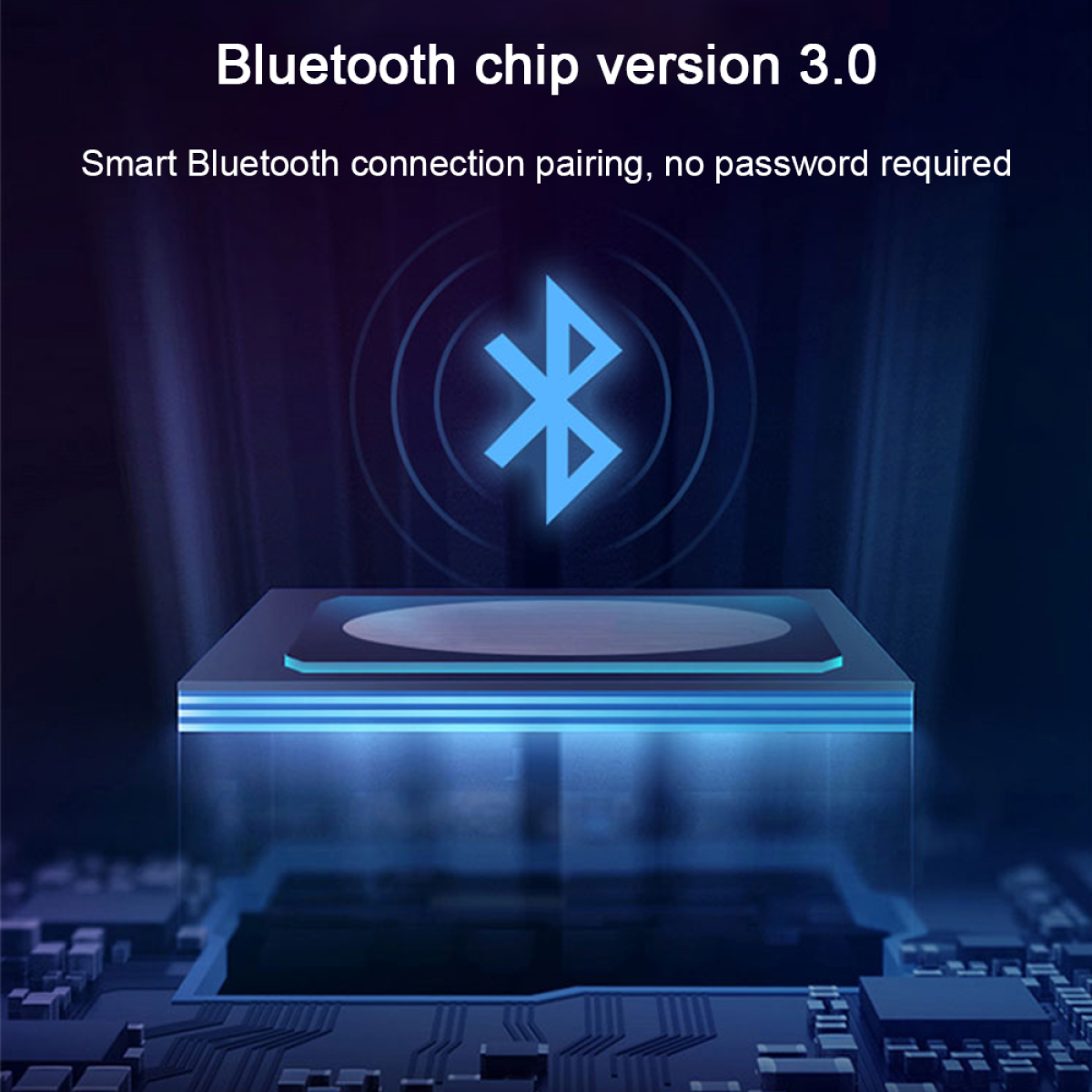 Blaues Bluetooth-Symbol über einer dunklen, leuchtenden Plattform. Text: Bluetooth-Chip Version 3.0.