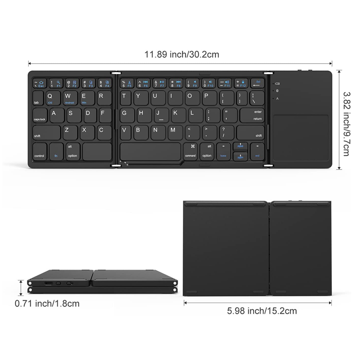 Eine schwarze, faltbare Tastatur mit Abmessungen, geöffnet und geschlossen, vor weißem Hintergrund.
