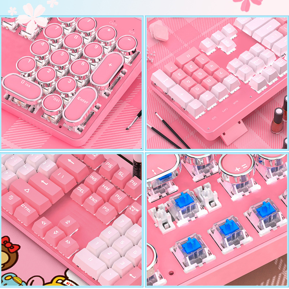 Collage einer pinkfarbenen Tastatur. Sie hat runde Tasten, weiße Tasten und eine pinkfarbene Basis.