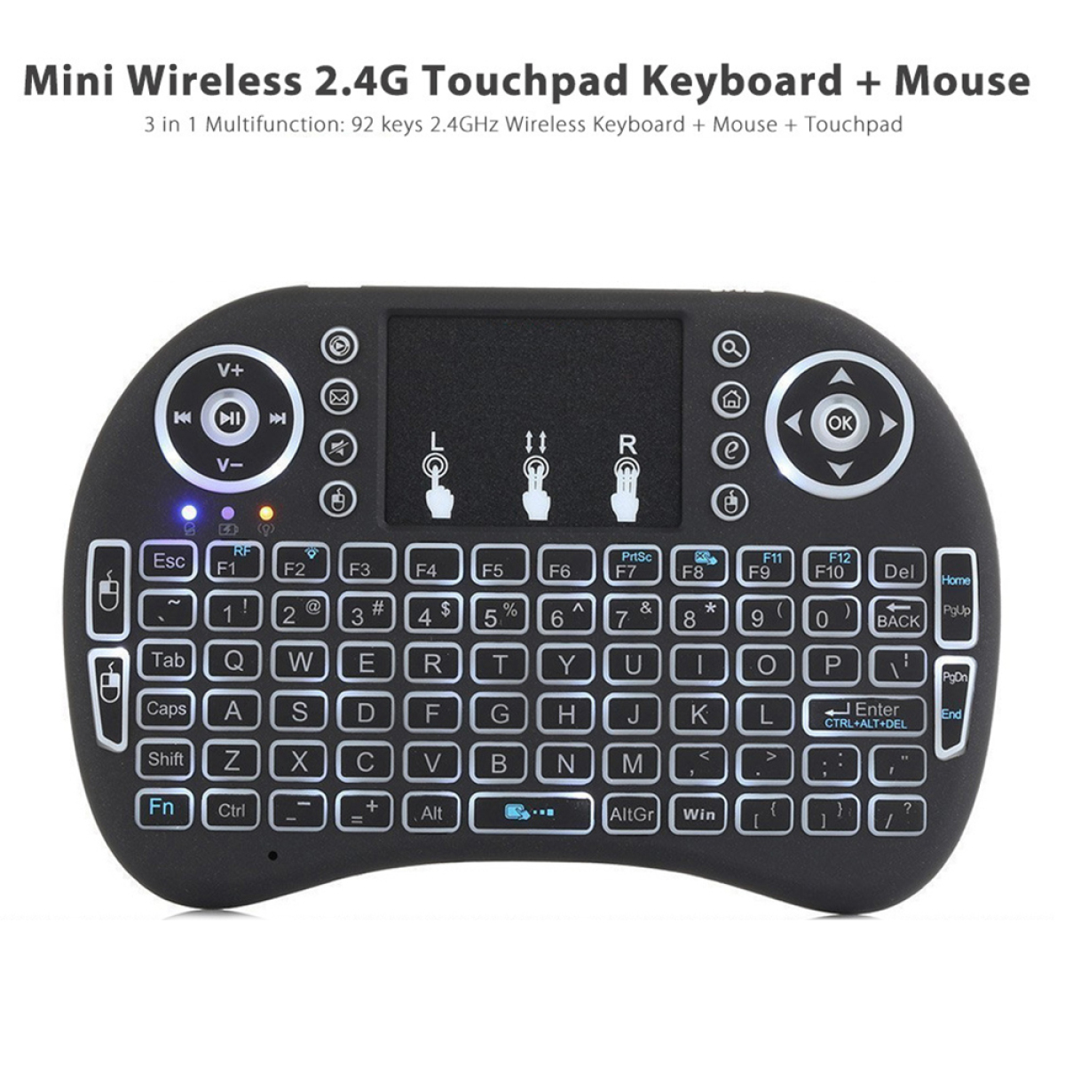 Mini-Funk-Tastatur mit Touchpad- und Mausfunktionen. Schwarzes Design mit mehreren Tasten und Knöpfen.