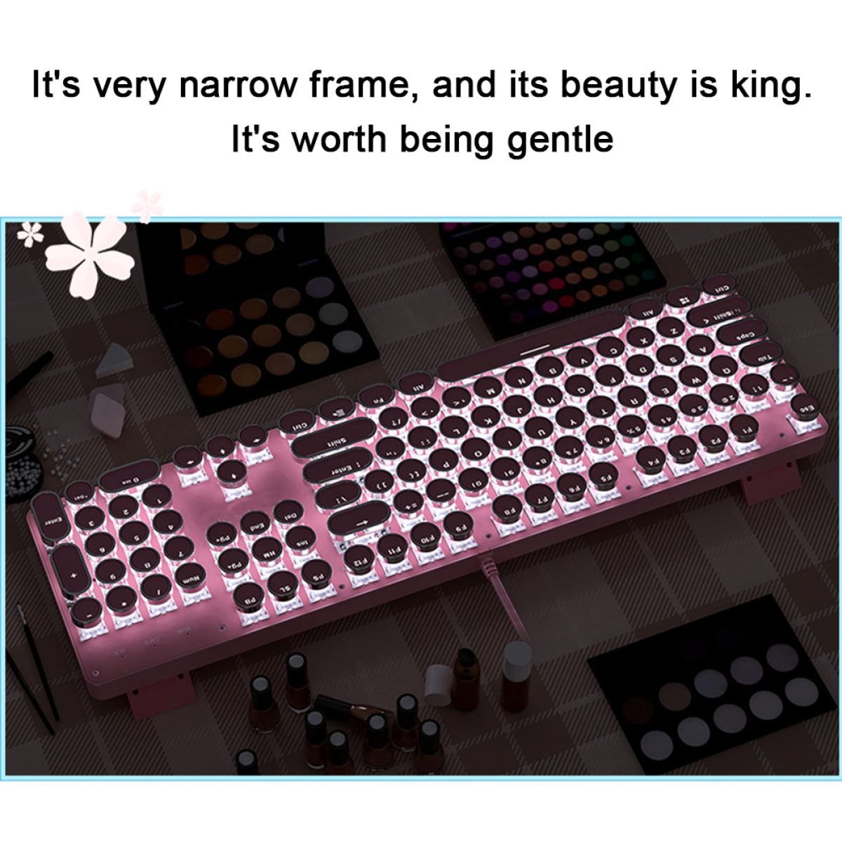 Rosa beleuchtete mechanische Tastatur mit weißen runden Tasten. Es befindet sich auf einem Desktop.