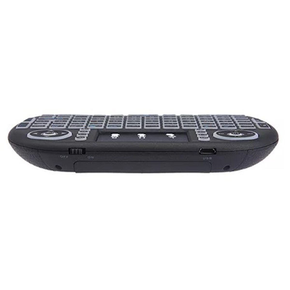 Eine schwarze kabellose Tastatur, Seitenansicht, zeigt den Ein-/Ausschalter und den USB-Anschluss.