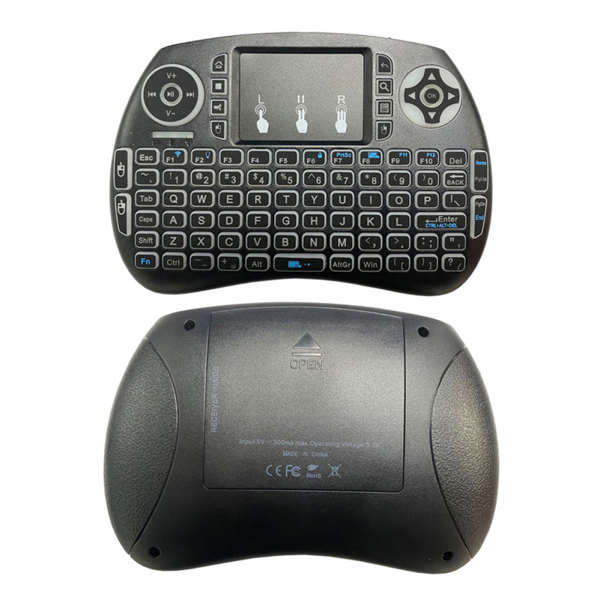 Zweiseitige Ansicht einer schwarzen, drahtlosen Tastatur mit Touchpad und Tasten.