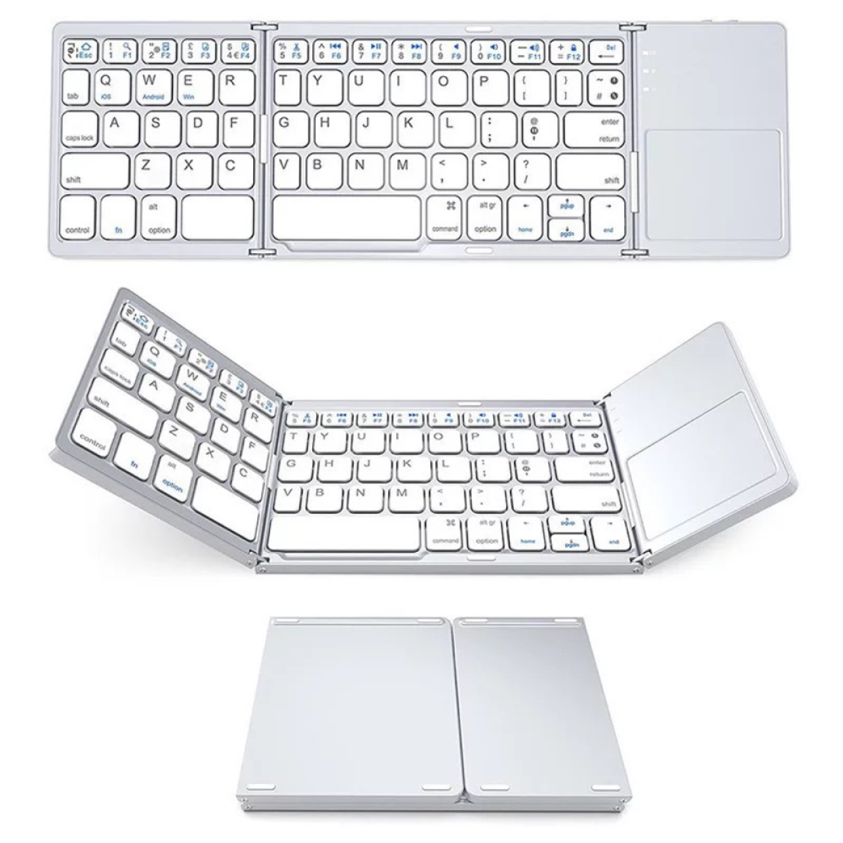 Eine silberne Klapptastatur offen, zeigt Tasten und ein Touchpad. Zwei weitere Ansichten unten.