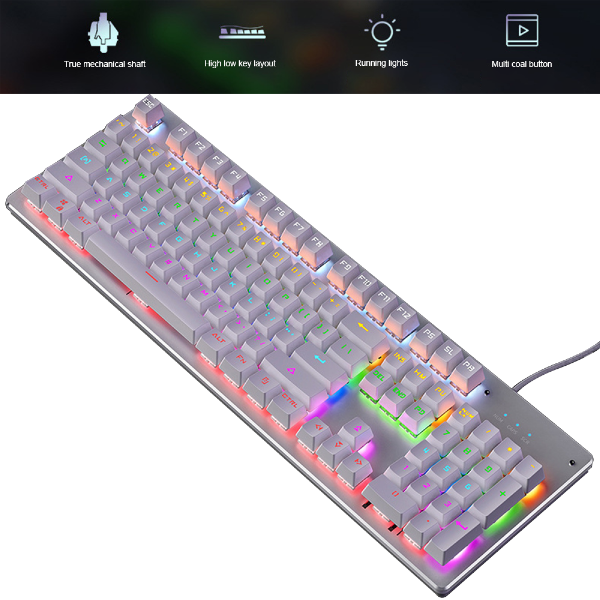 Weiße mechanische Tastatur mit bunten, hintergrundbeleuchteten Tasten, schräg auf weißem Grund.