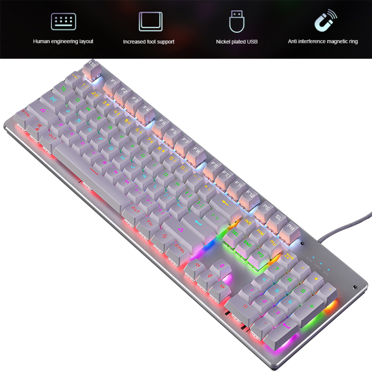 Eine weiße Tastatur mit farbigen Tasten. Über den Tasten befinden sich Symbole. Ein Kabel ist angeschlossen.