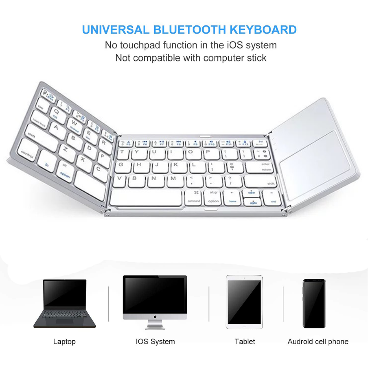 Eine silberne, faltbare Bluetooth-Tastatur mit Touchpad und Beispiele für Geräte, mit denen sie sich verbinden kann.