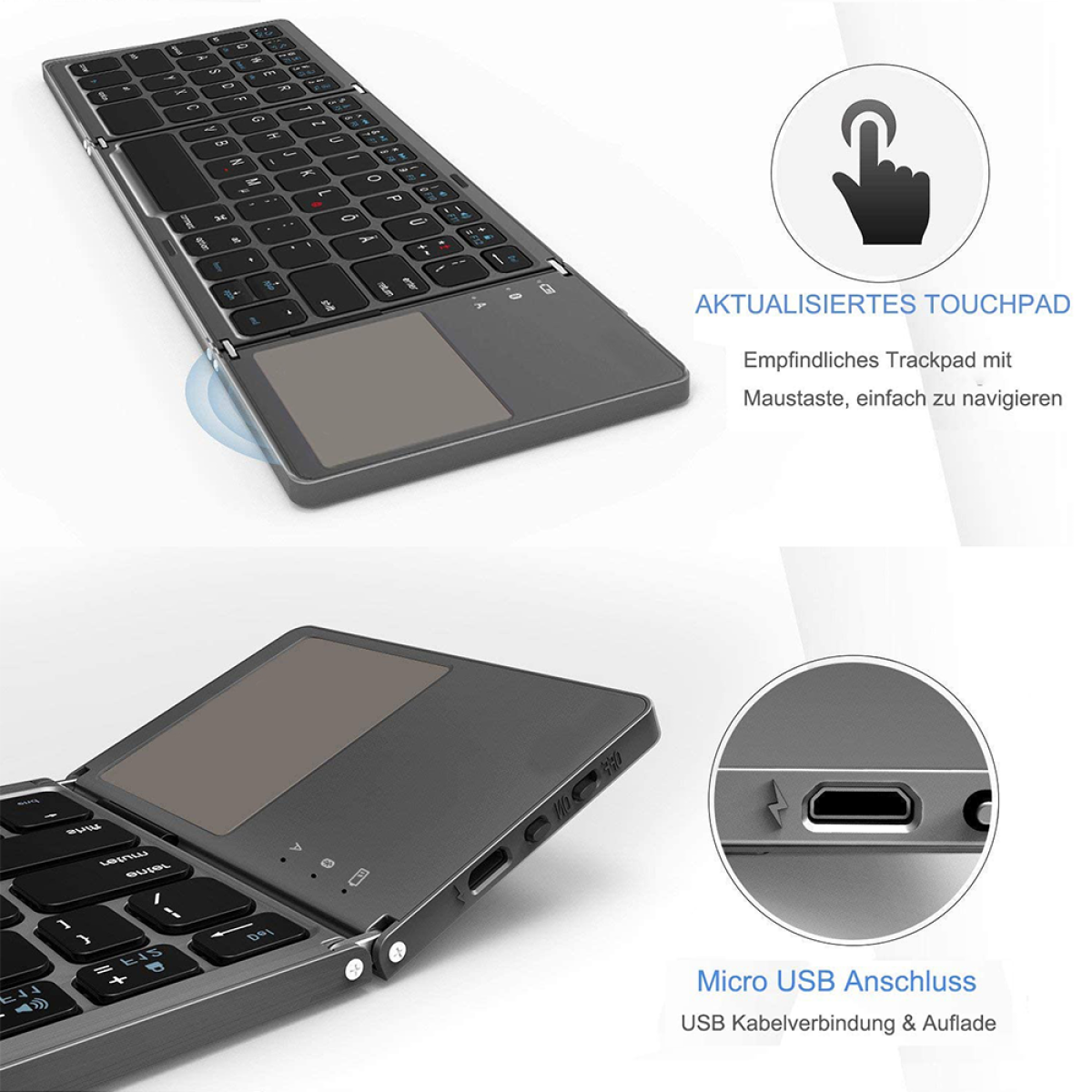Bild zeigt eine faltbare Tastatur mit Touchpad und Ladeanschluss. Details zu den Funktionen.