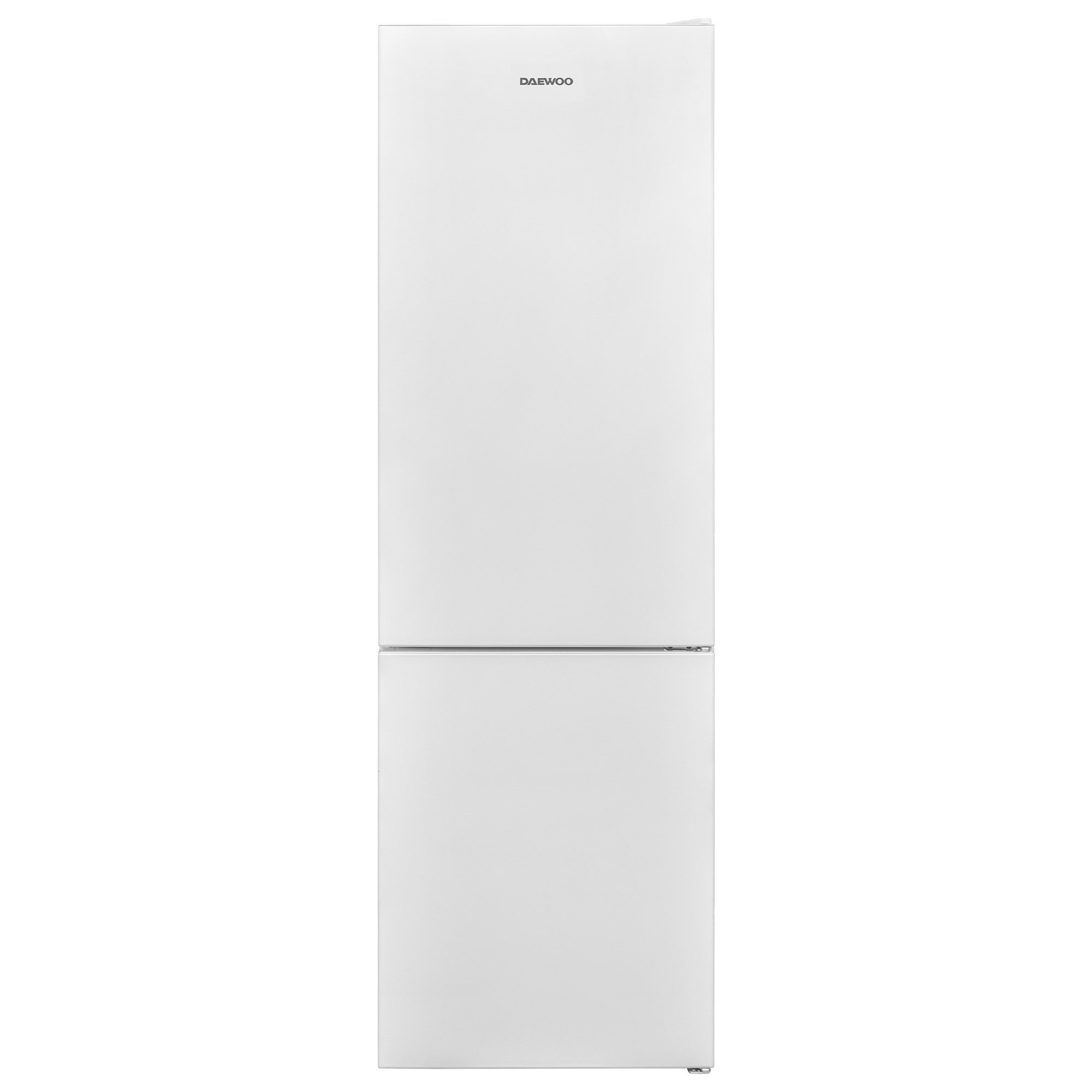 Ein weißer Daewoo-Kühlschrank. Er ist hoch und hat ein Gefrierfach unten.