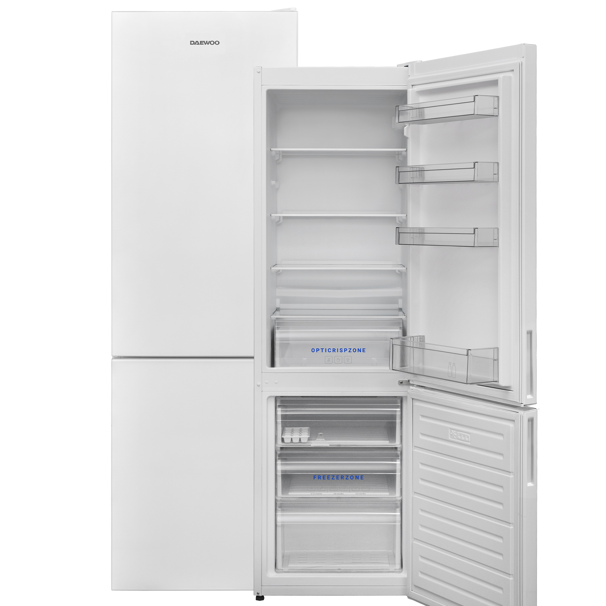 Ein weißer Daewoo-Kühlschrank mit geöffneten Türen, die Regale und Schubladen zeigen.