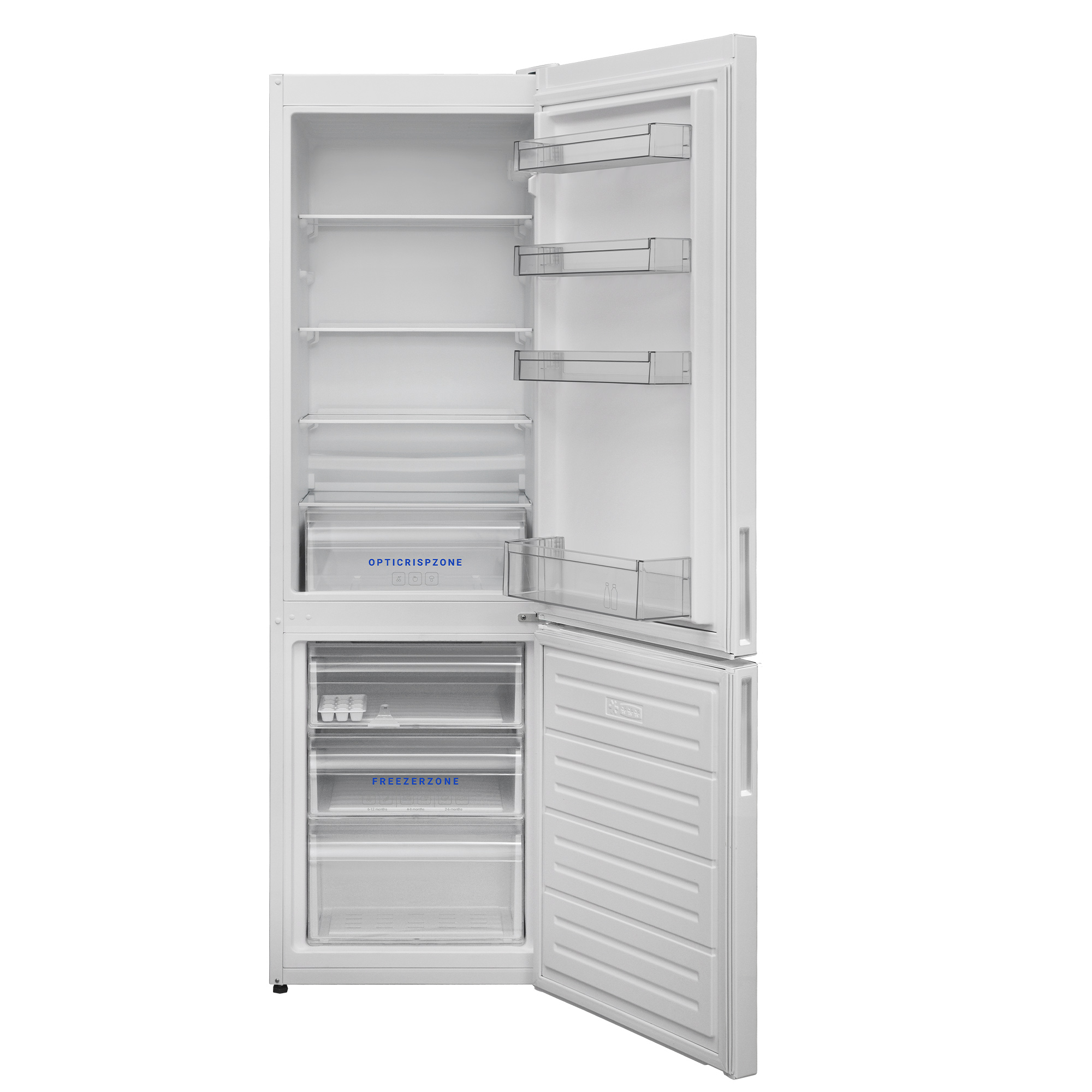 Ein offener weißer Kühlschrank mit Regalen und Schubladen. Die Tür ist geöffnet.