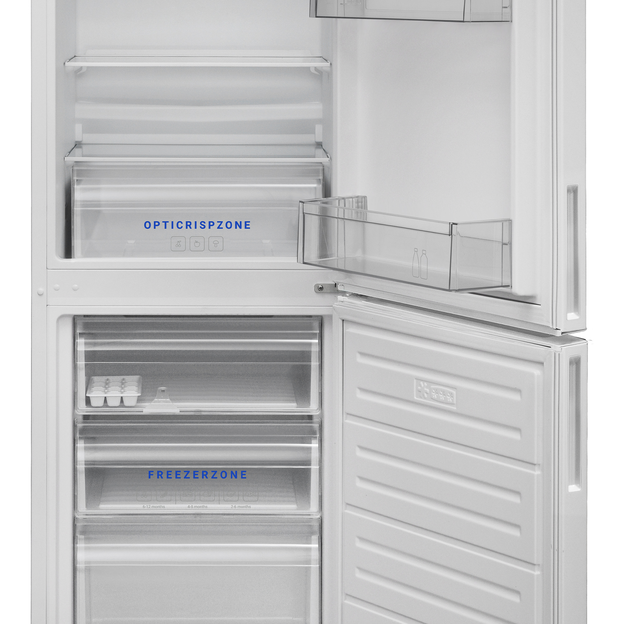 Weißer Kühlschrankinnenraum mit Opticrisp- und Freezer-Zonen sichtbar.