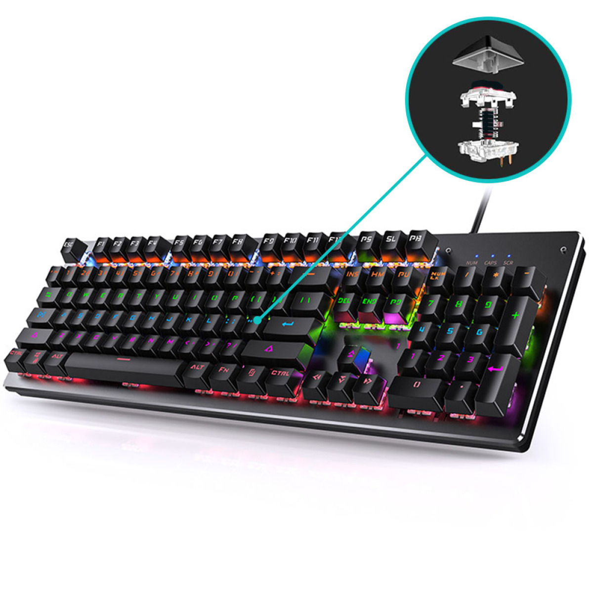 Eine schwarze Gaming-Tastatur mit bunten Tasten und einem Schalterdetail in der oberen rechten Ecke.