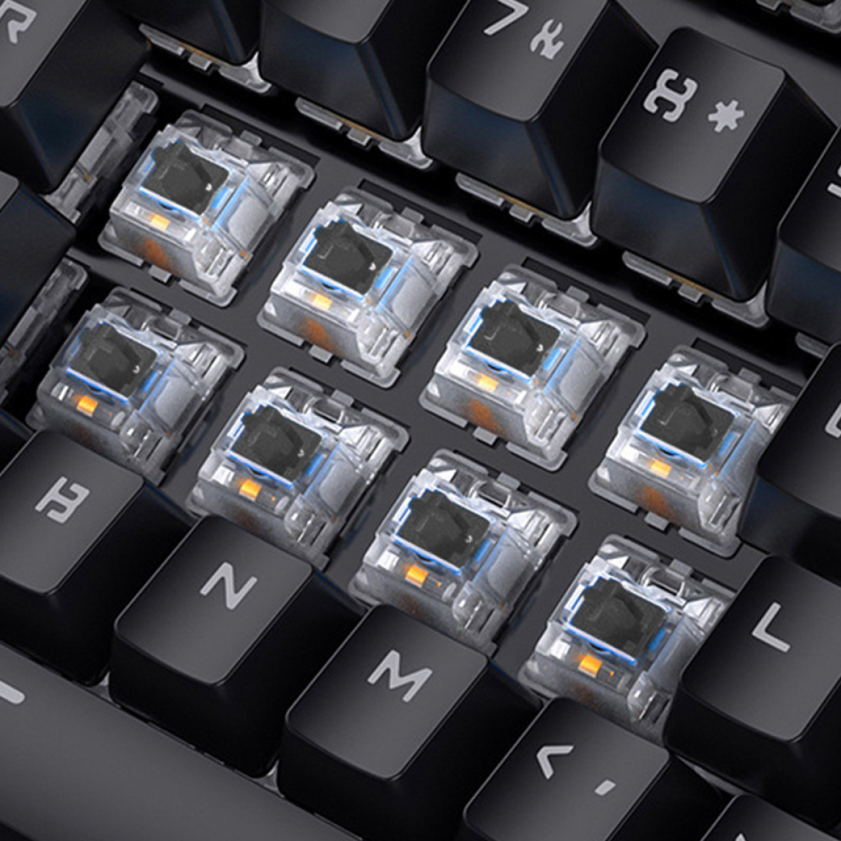 Nahaufnahme der mechanischen Schalter einer Tastatur mit schwarzen Tastenkappen und durchsichtigen Schalterkörpern.