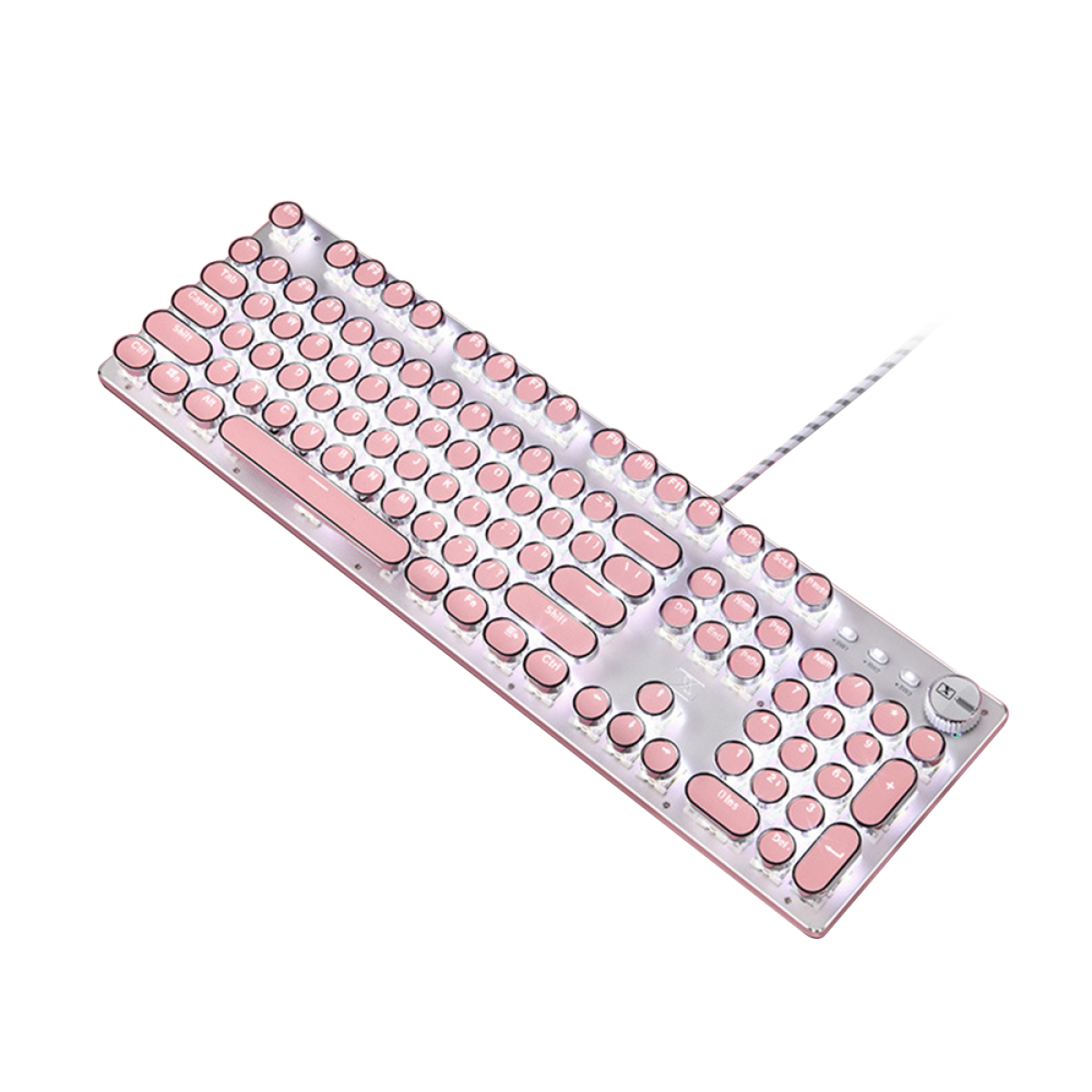 Eine rosa Retro-Tastatur mit runden Tasten und weißen LED-Lichtern.