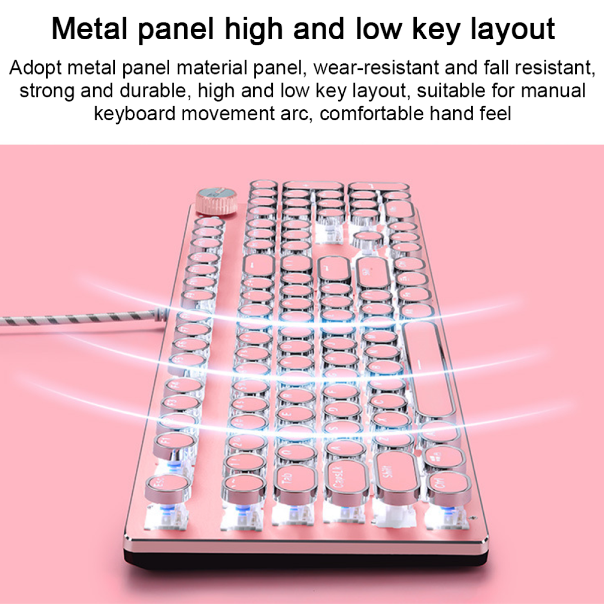 Pinke mechanische Tastatur. Hohes und niedriges Tastenlayout, runde Tastenkappen, Lichteffekte.