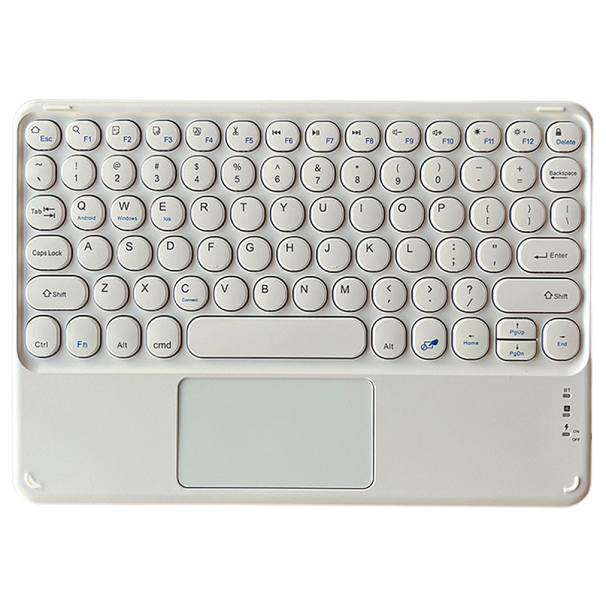 Weiße Bluetooth-Tastatur mit weißen Tasten und Touchpad. Weißer Hintergrund.