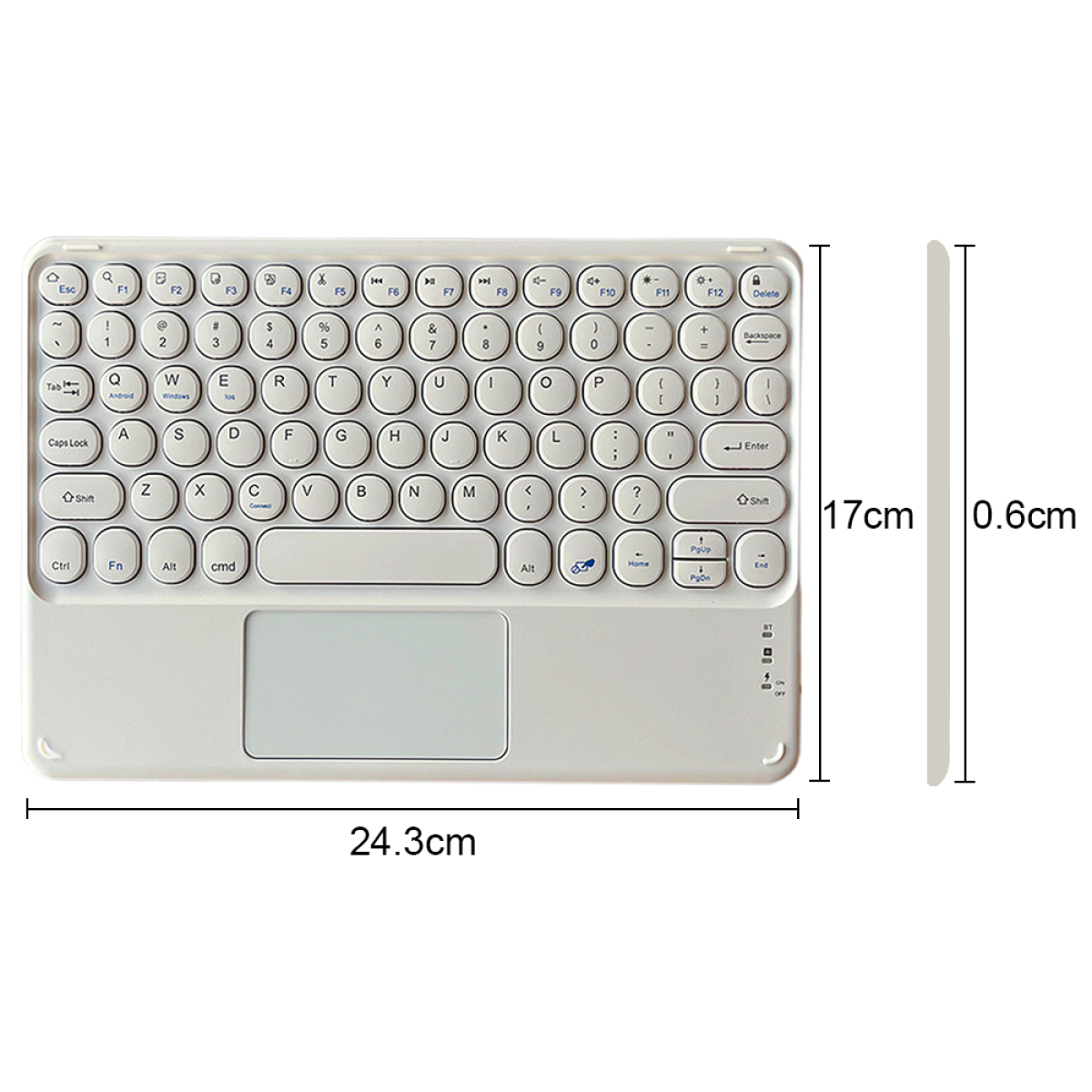 Eine weiße Tastatur mit Touchpad, und Abmessungen sind gezeigt. Sie ist 24,3 cm breit und 0,6 cm dick.