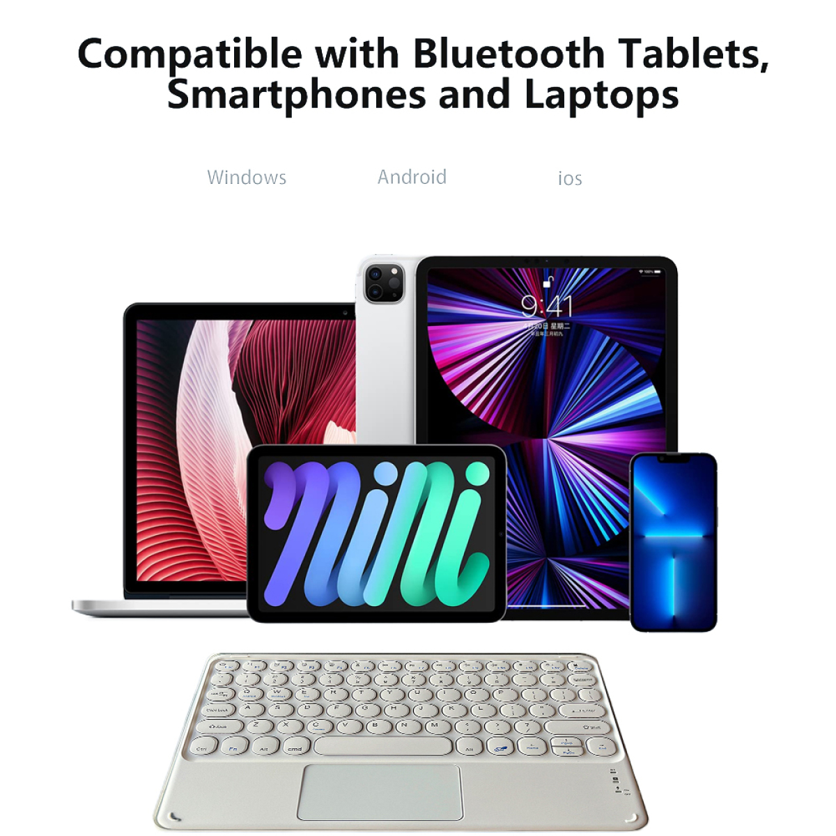 Eine Tastatur, ein Laptop, Tablets und ein Smartphone werden angezeigt, mit Text, der die Kompatibilität anzeigt.