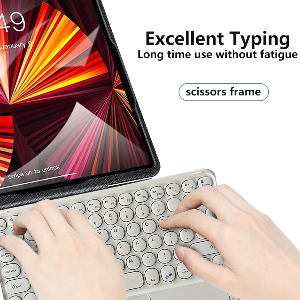 Hände tippen auf einer Tastatur, die an einem Tablet befestigt ist. Text: Ausgezeichnetes Tippen. Lange Nutzung.