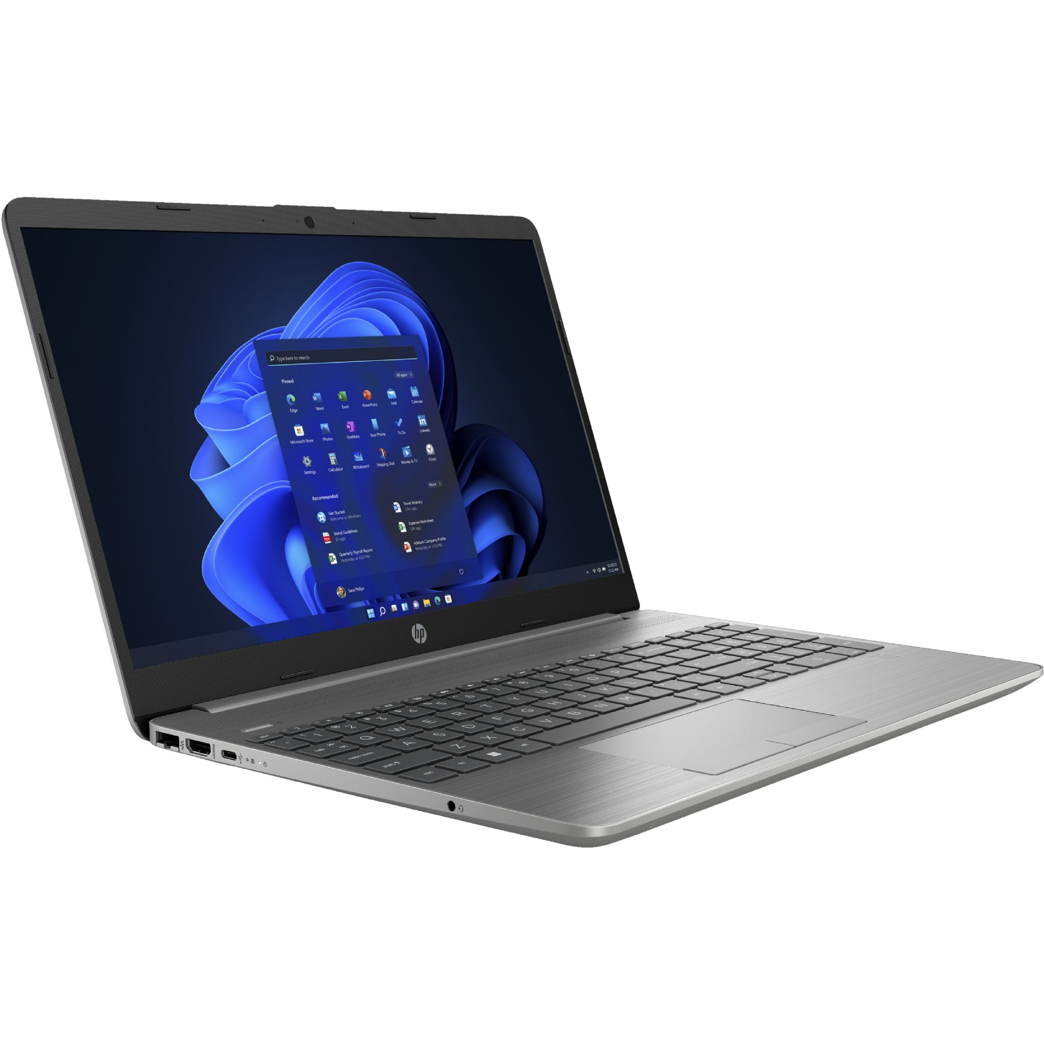 Un portátil plateado con teclado negro y fondo de pantalla azul abstracto.