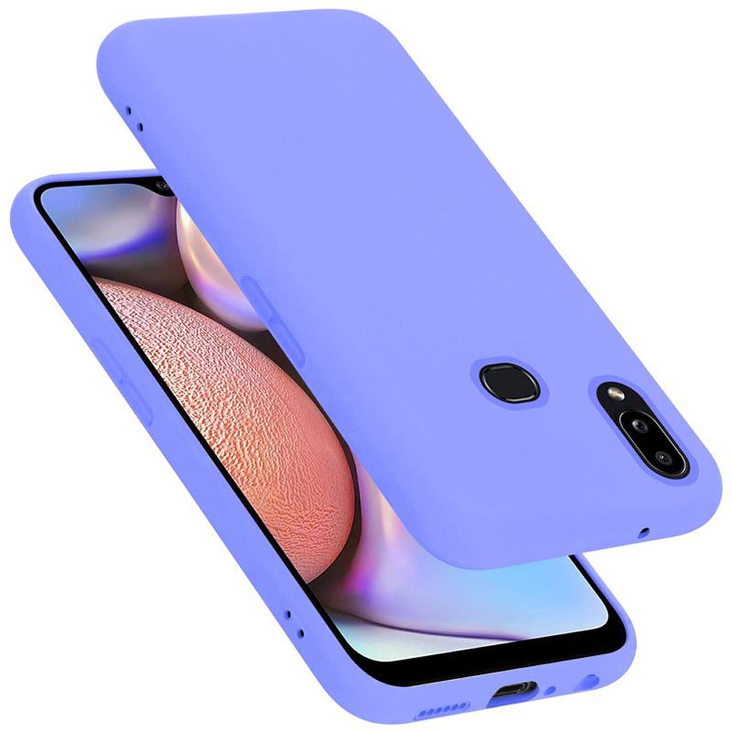 Eine lilafarbene Handyhülle über einem lilafarbenen Telefon. Die Hülle ist leicht über dem Telefon. Schwarze Kameralinse.