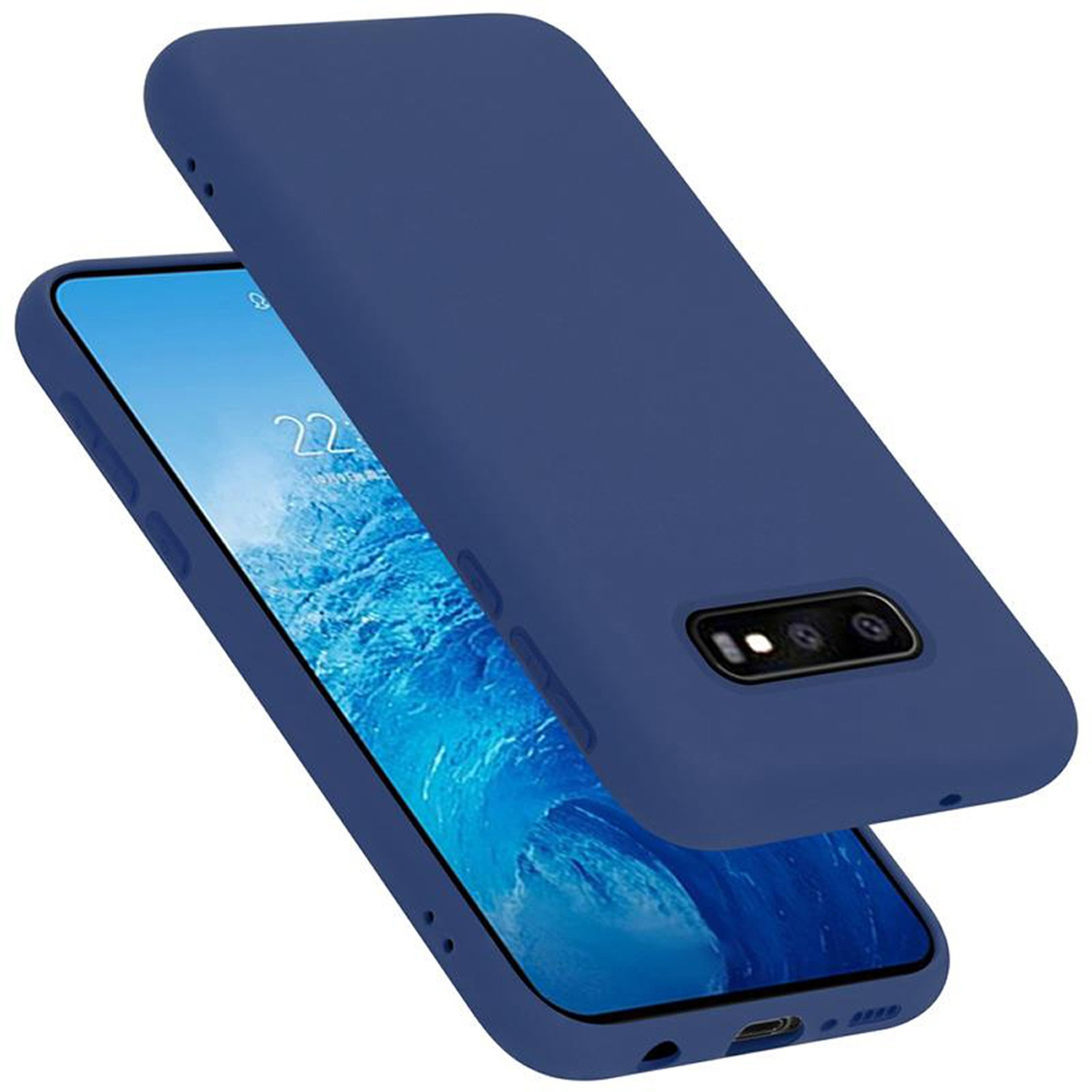 Zwei blaue Handyhüllen, eine bedeckt ein Handy. Die Hülle hat Kameraausschnitte und eine Ladeanschlussöffnung.