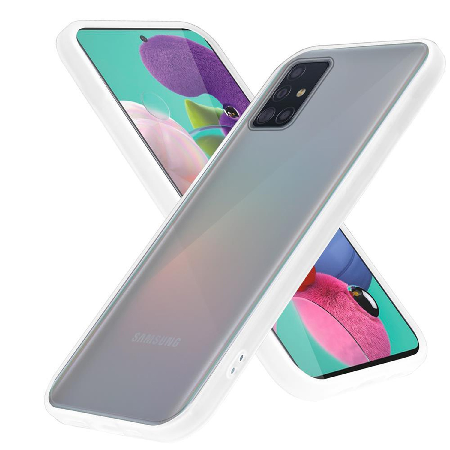Zwei Telefone in weißen Hüllen. Eins ist ein Telefon mit weißer Hülle, das andere hat eine spiegelnde Rückseite.