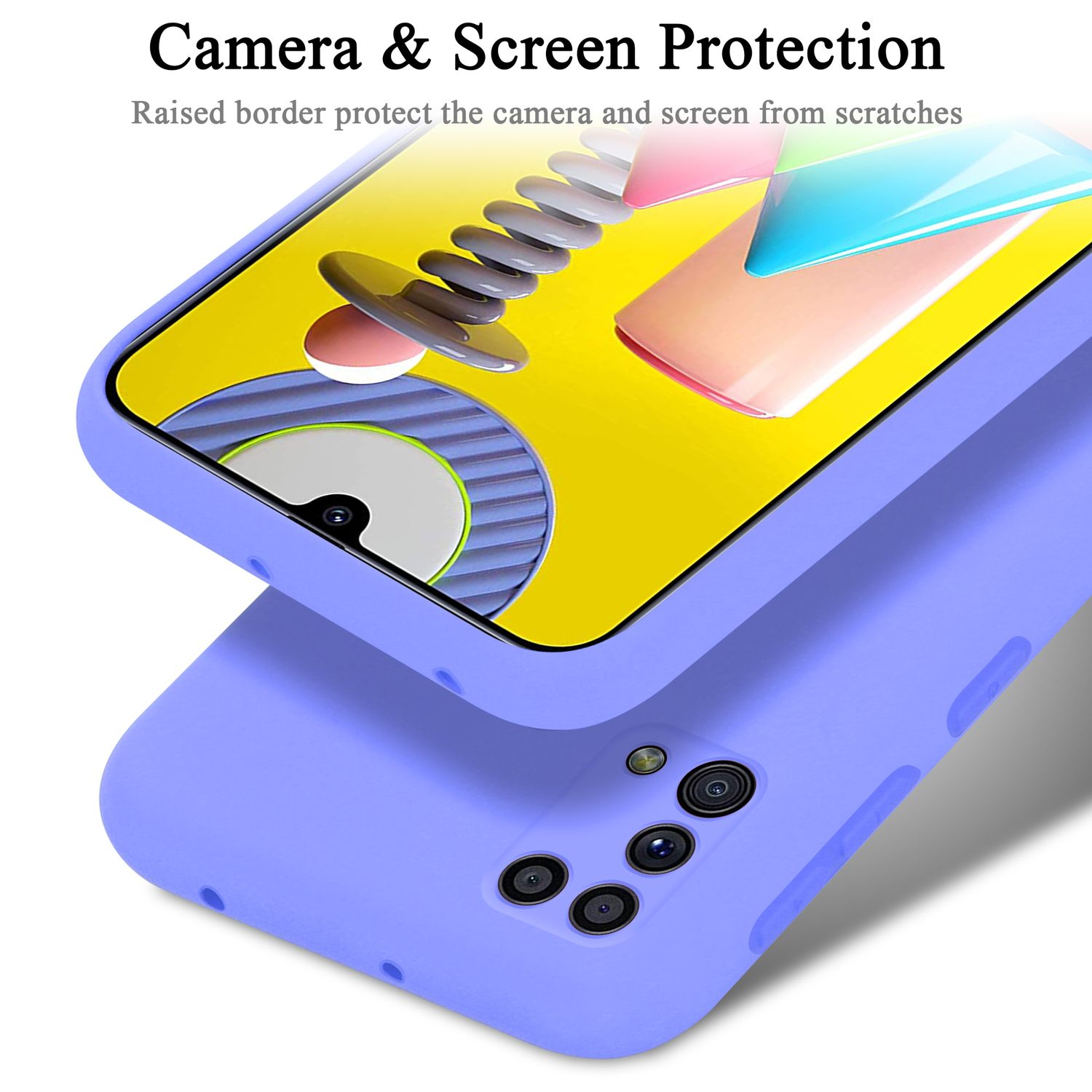Una custodia per telefono viola con un telefono all'interno. La custodia protegge la fotocamera e lo schermo.