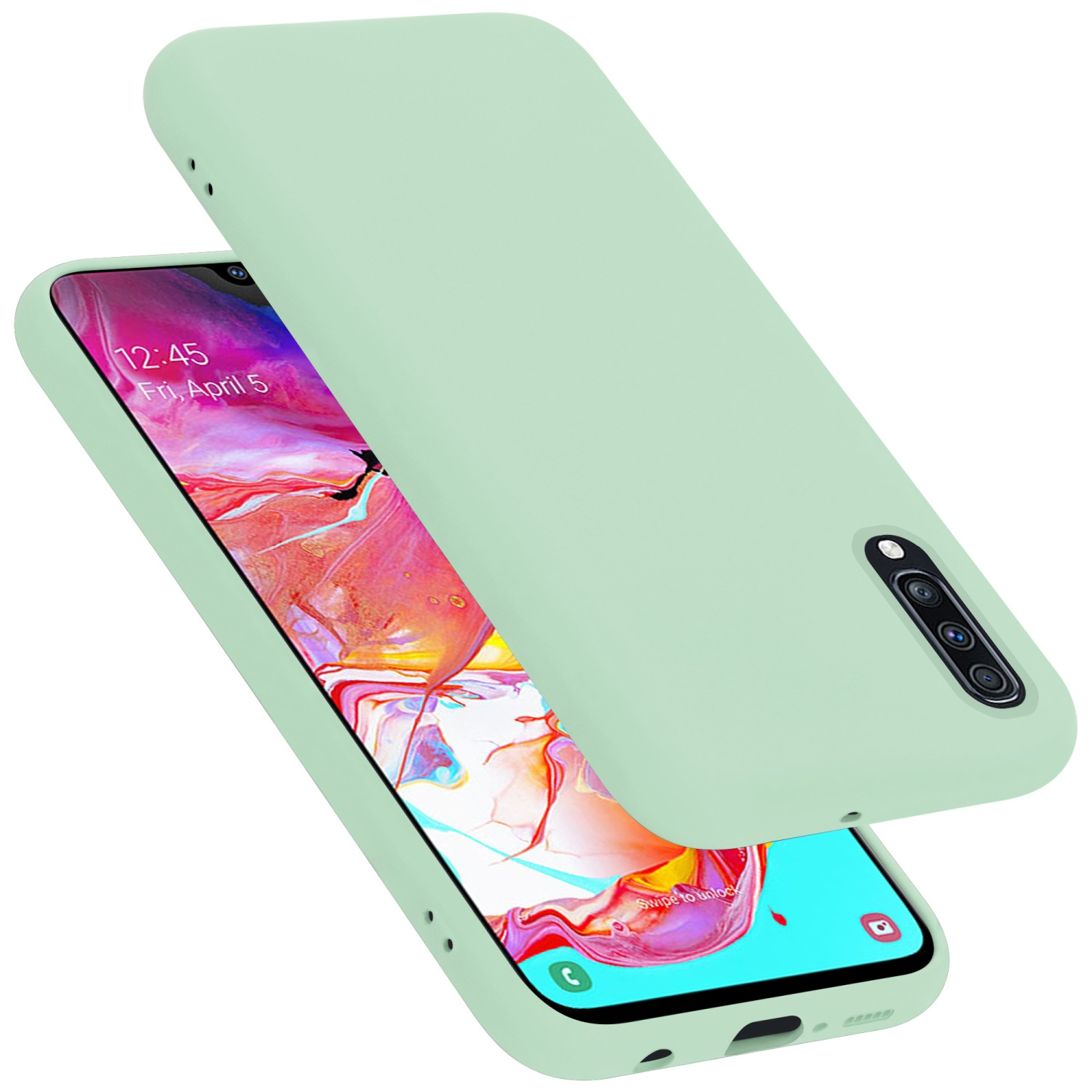 Ein mintgrünes Telefon in einer passenden Hülle. Der Bildschirm des Telefons ist sichtbar.