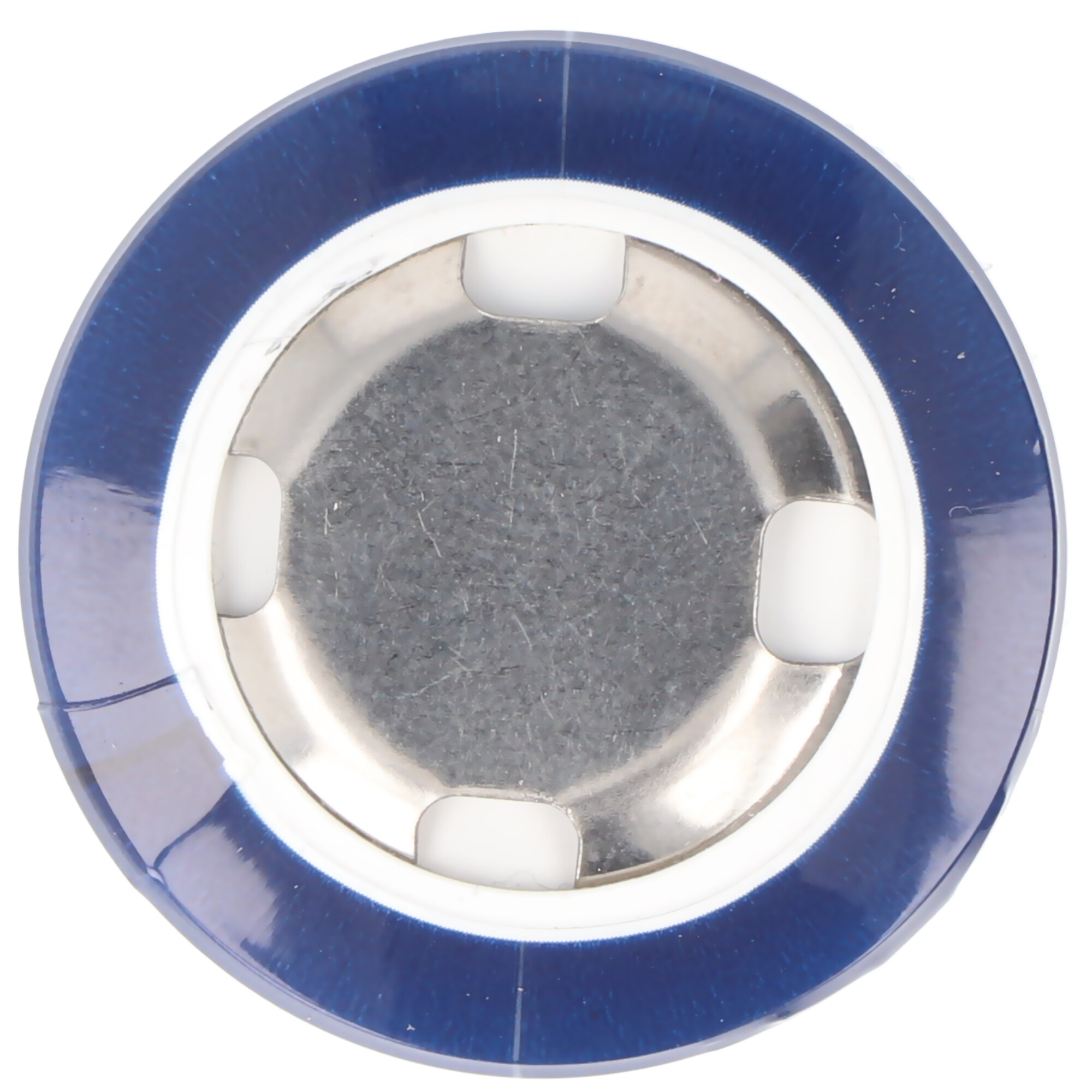 Close-up of a round object with a blue rim and silver center.
