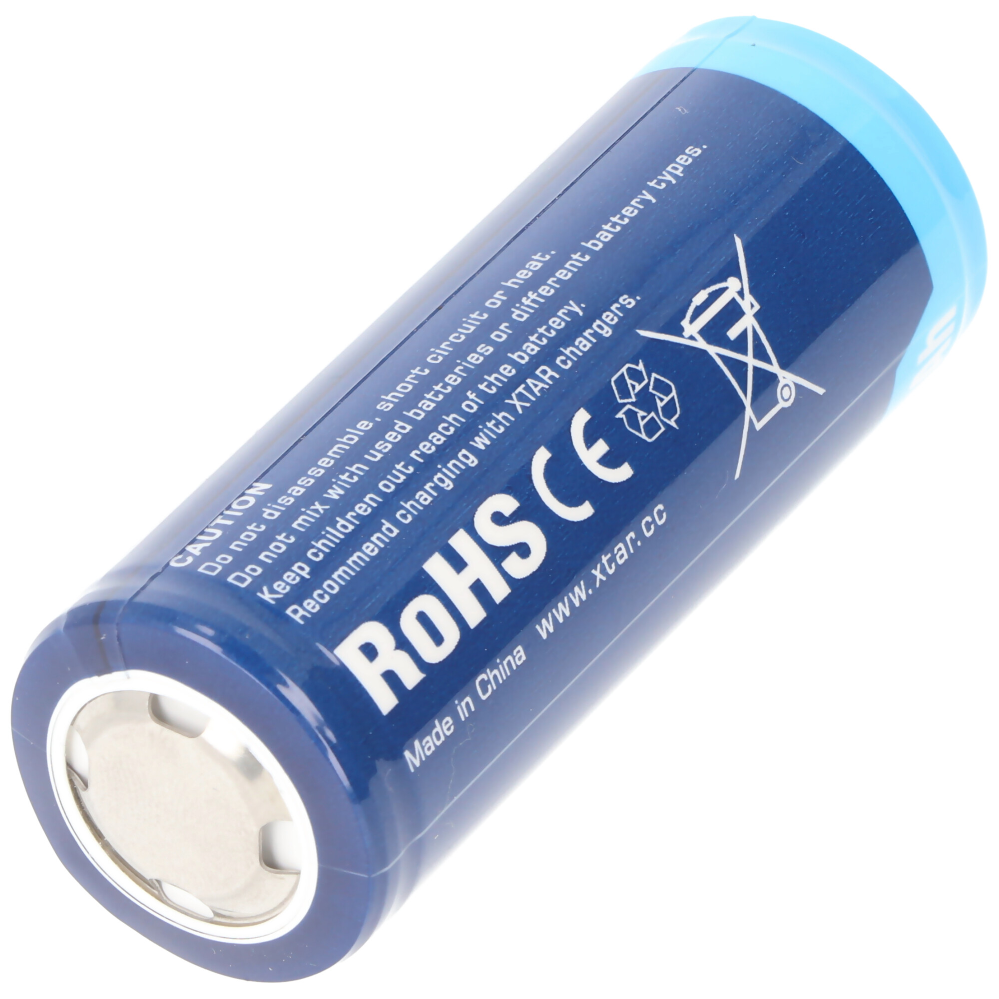 Blue battery with text 'ROHS CE' and warning labels, white background.
