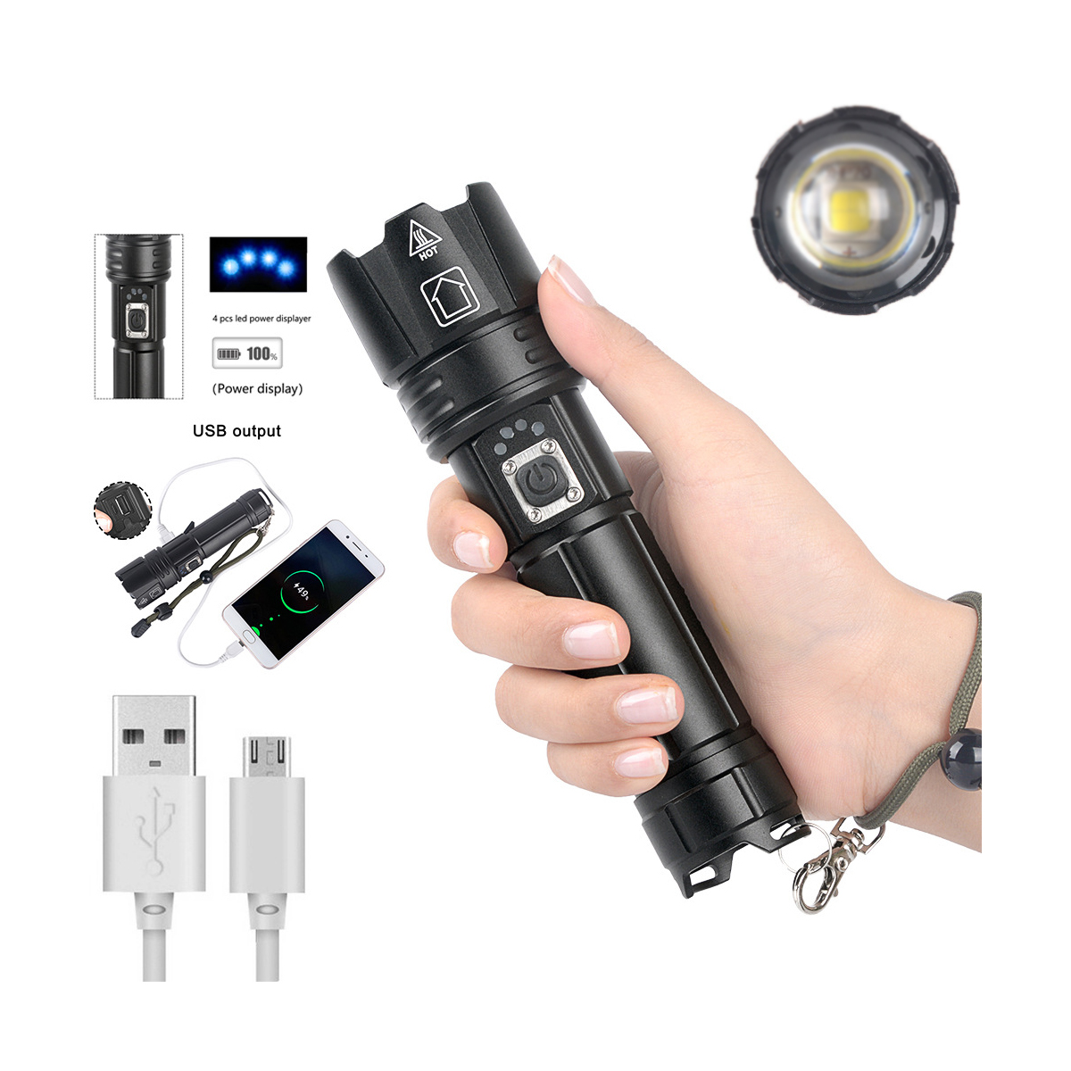 Eine schwarze Taschenlampe in einer Hand, mit mehreren Ansichten des Produkts und Zubehörs.