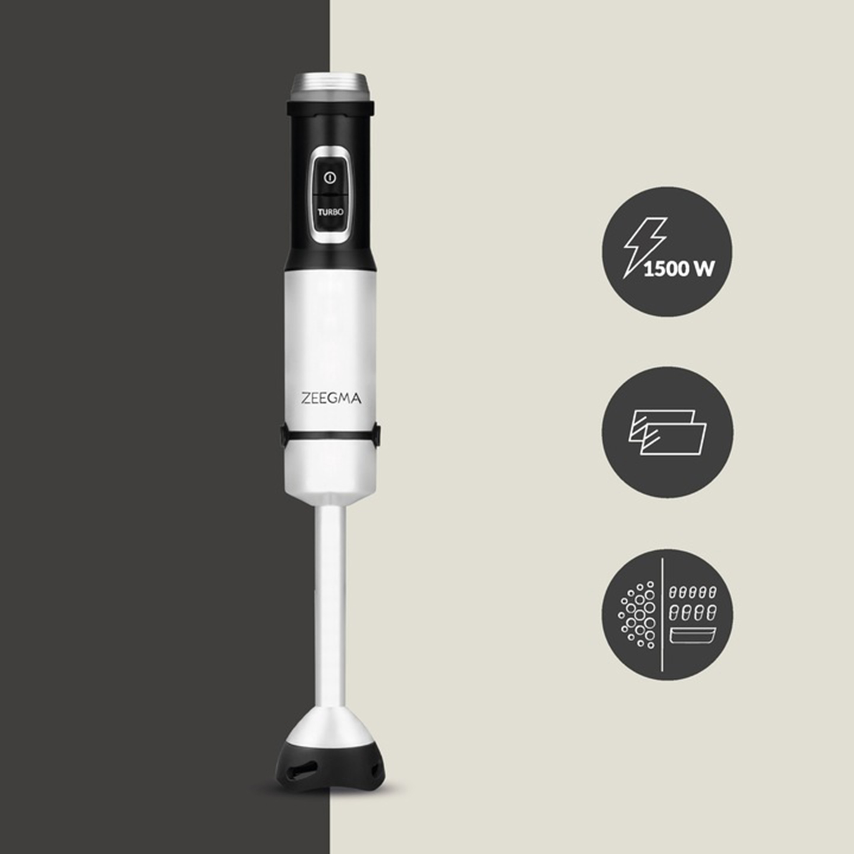 Biało-czarny blender ręczny z ikonami funkcji. Posiada funkcję turbo i 1500 W.