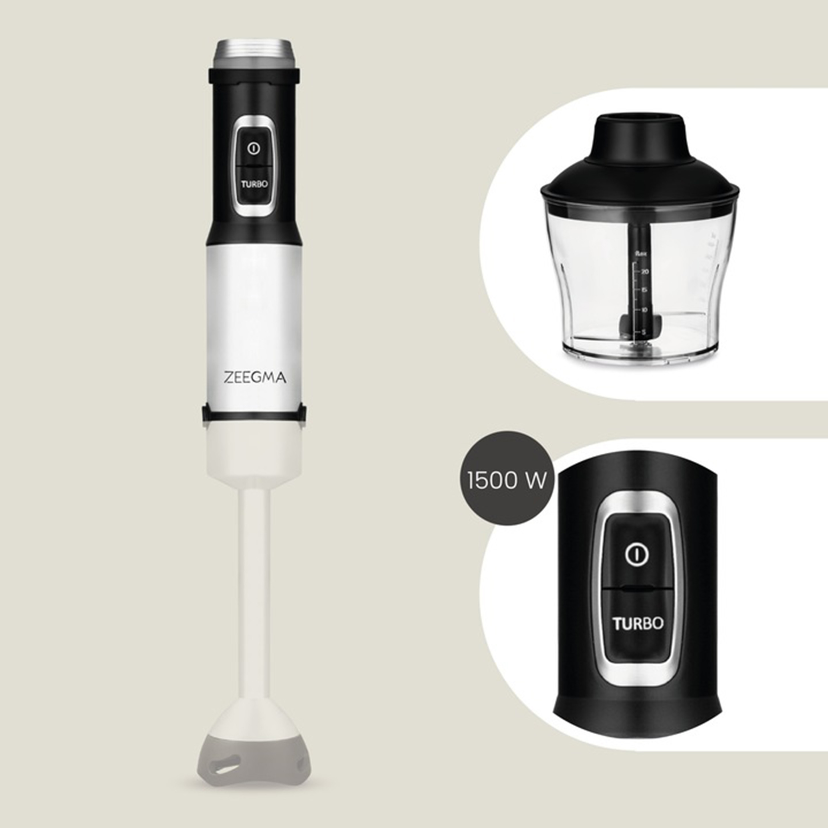 Biały i czarny blender ręczny z odłączanym ostrzem i oddzielnym rozdrabniaczem. Szczegółowe elementy sterujące.