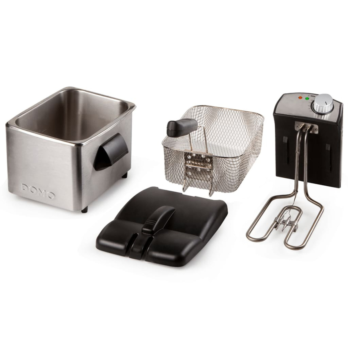 Frytownica ze stali nierdzewnej z koszem, pokrywą i komponentami panelu sterowania na białej powierzchni.