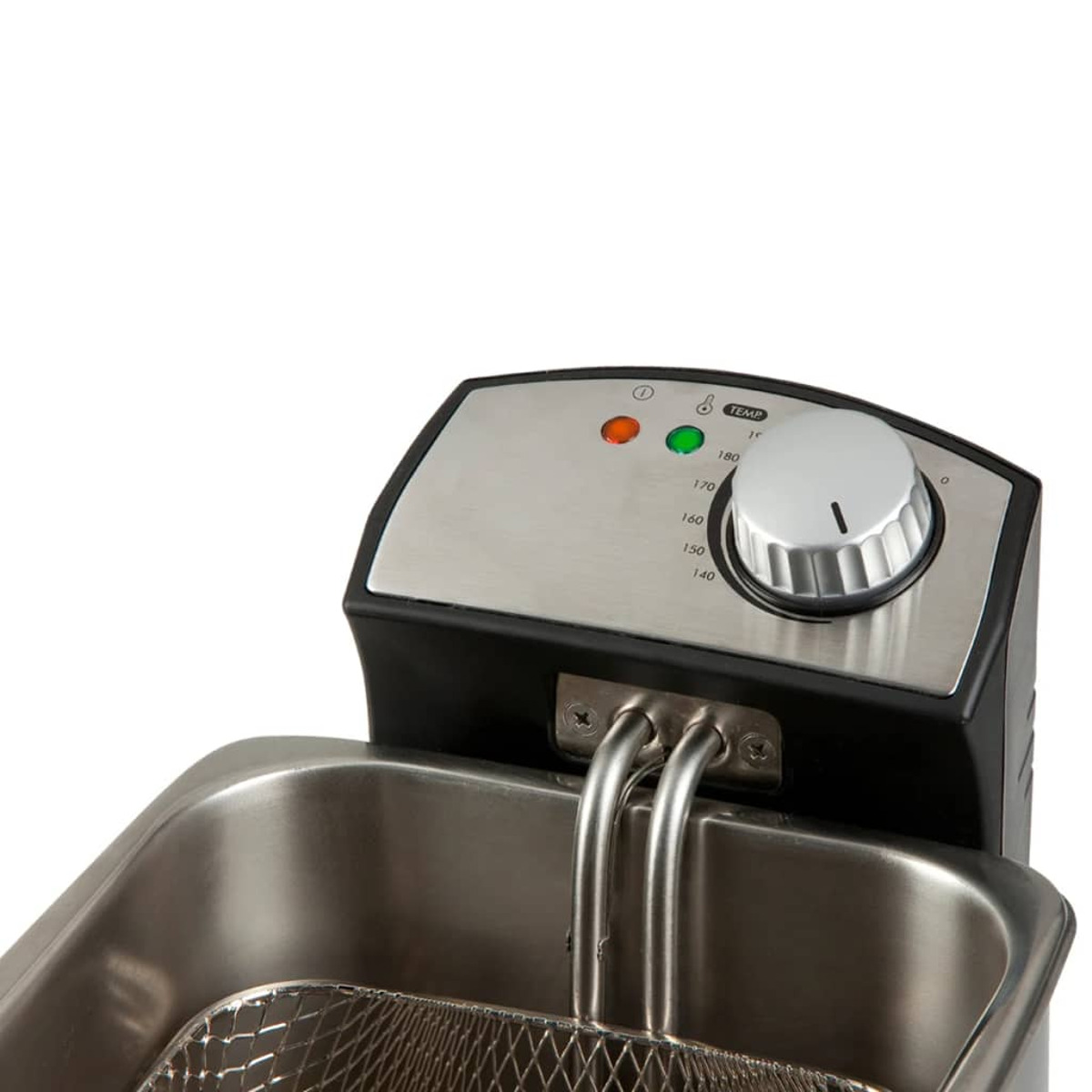 Zbliżenie panelu sterowania frytkownicy. Posiada pokrętło temperatury i kontrolki.