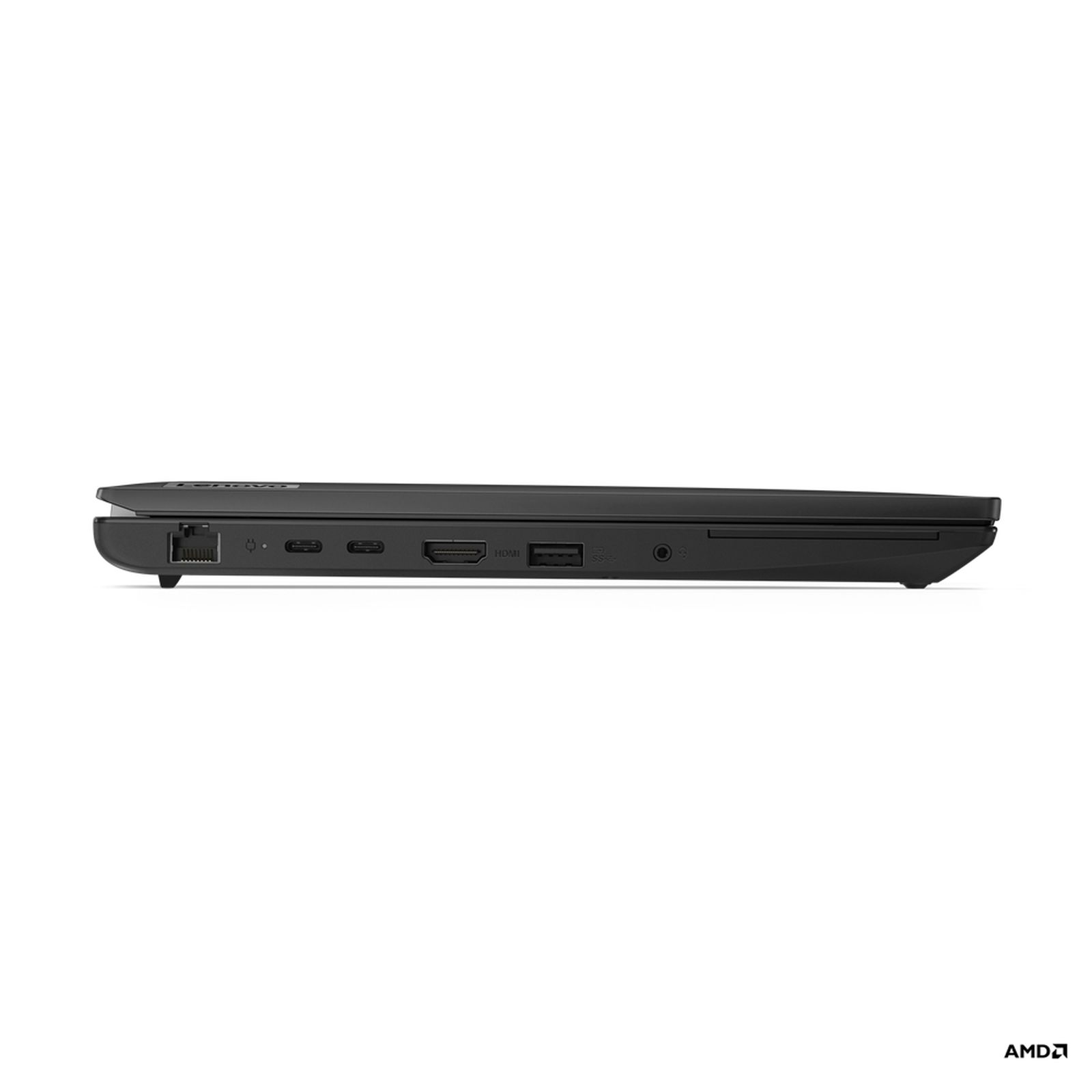 Seitenansicht eines geschlossenen schwarzen Laptops mit Anschlüssen.