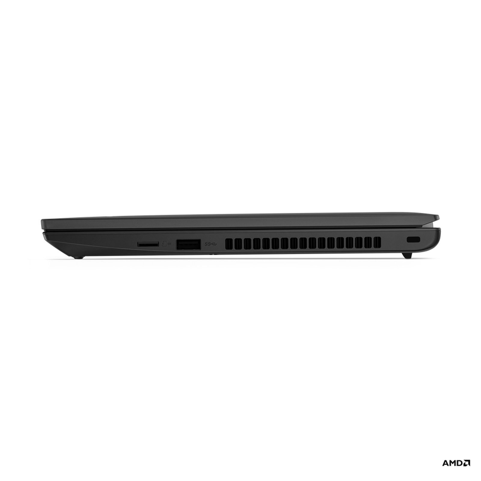Seitenansicht eines schwarzen Laptops mit sichtbaren Anschlüssen. AMD-Logo unten.