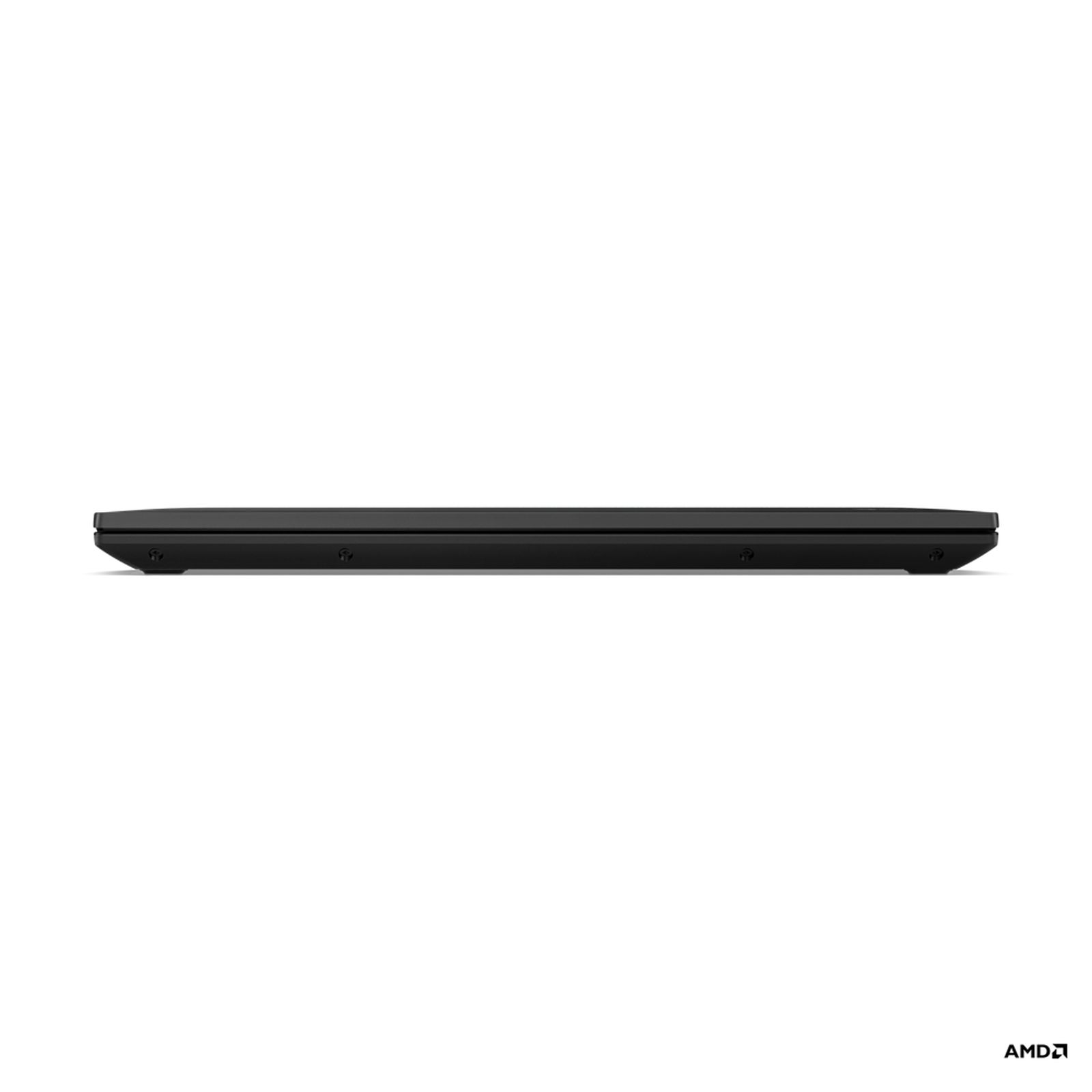 Ein geschlossenes, schwarzes Laptop von AMD, von der Seite betrachtet. Die Oberfläche ist schwarz.