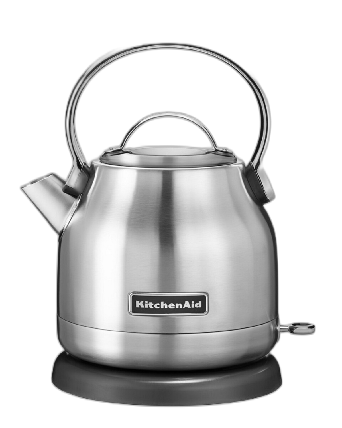 Elektryczny czajnik KitchenAid ze stali nierdzewnej na czarnej powierzchni.