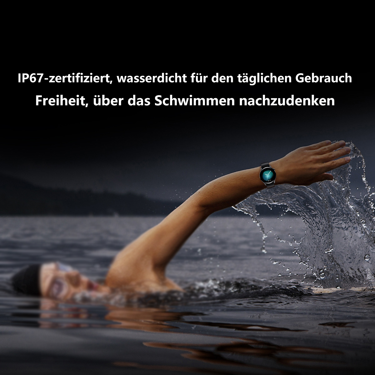 Eine Person, die im Wasser schwimmt und eine Smartwatch trägt.