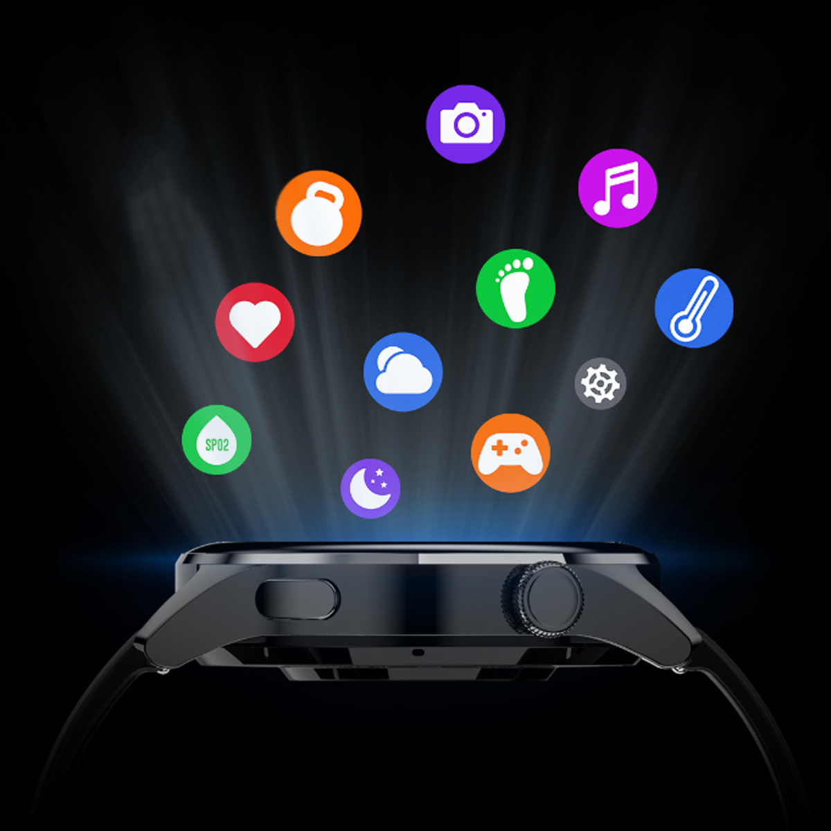 Schwarze Smartwatch mit Symbolen darüber. Zu den Symbolen gehören eine Kamera, eine Musiknote und mehr. Dunkler Hintergrund.