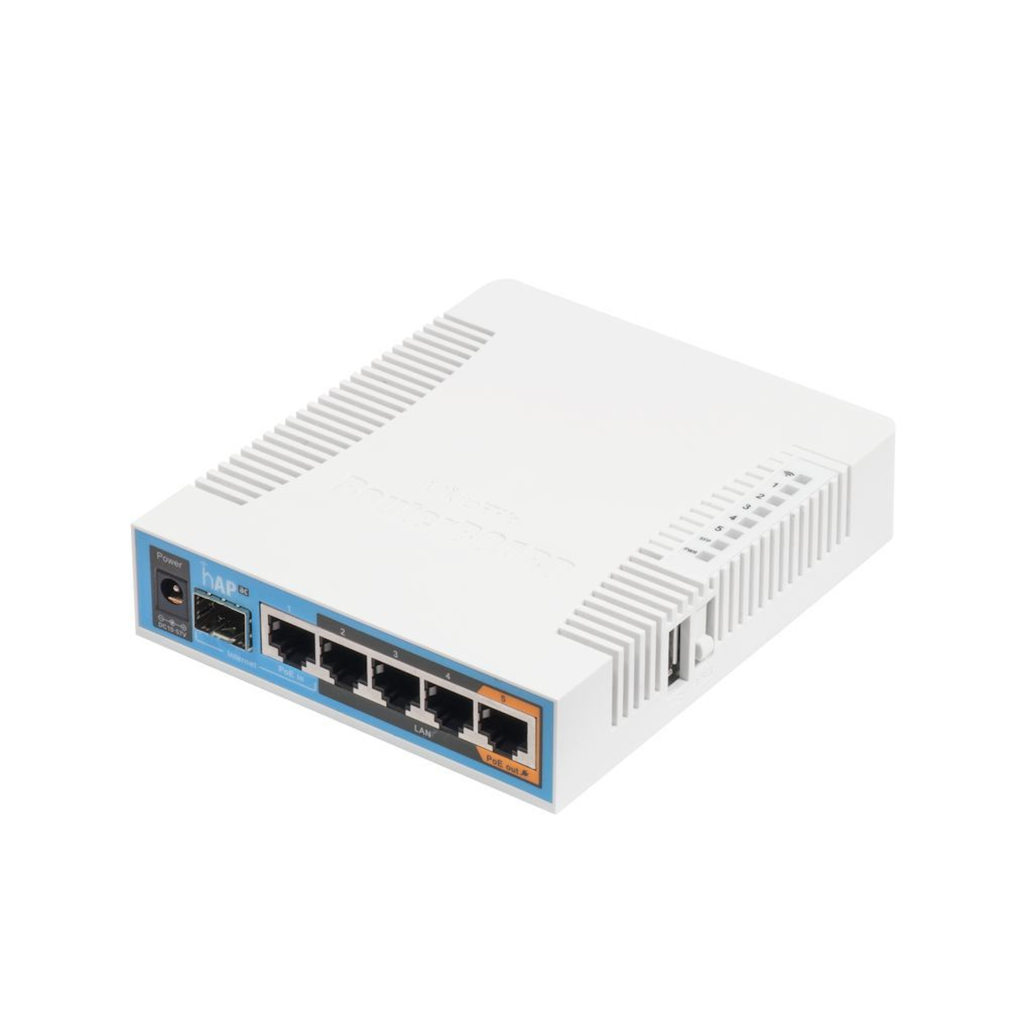 Białe urządzenie sieciowe z portami oznaczonymi jako Power, LAN, POE i inne. Białe tło.