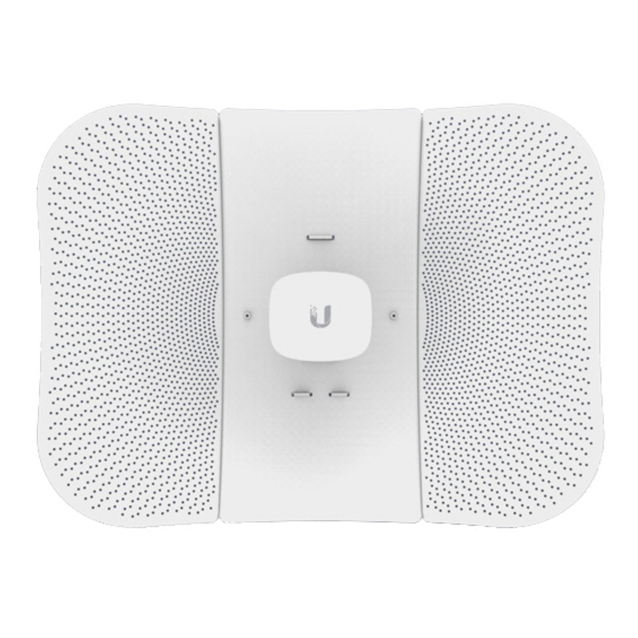 Antenna Ubiquiti bianca con pannelli perforati. Il logo è centrato sul dispositivo.