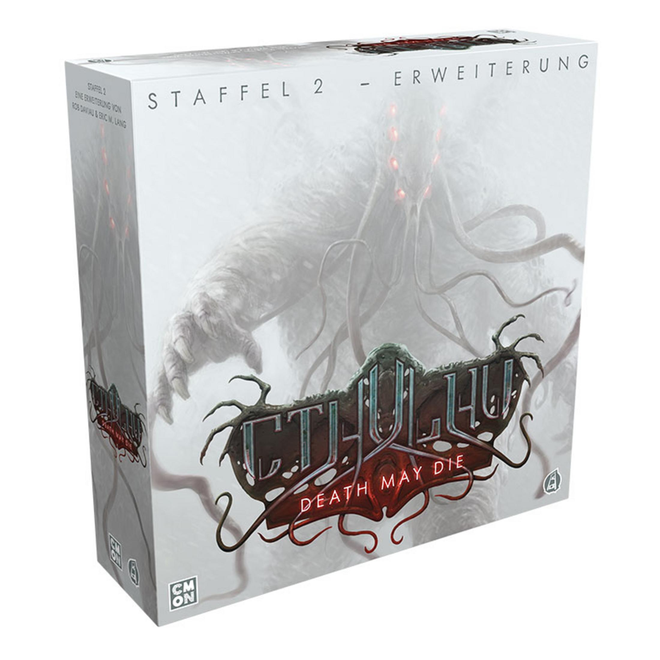 Brettspielbox mit einem Monster und Tentakeln. Grautöne. Weißer Hintergrund.
