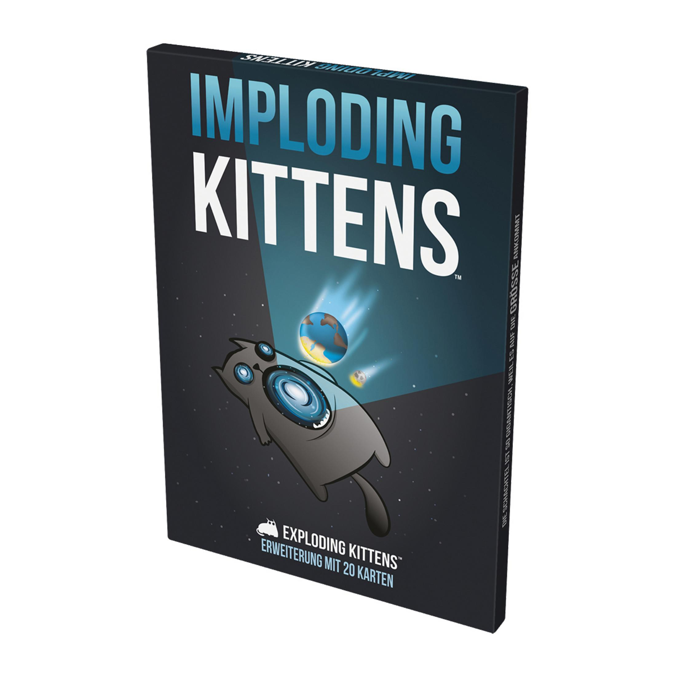 Brettspielbox, Imploding Kittens. Eine Katze im Weltraum mit einem Planeten und dem Spieletitel.